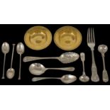 Two silver gilt pin trays and a collection of silver and silver plate tea and coffee spoons