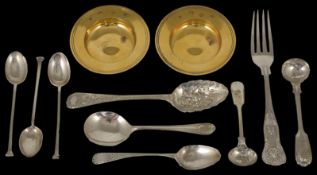 Two silver gilt pin trays and a collection of silver and silver plate tea and coffee spoons