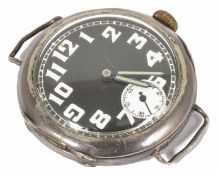 A 1920's silver Rolex Officer's model wrist watch the circular case with black enamel dial with