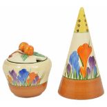 A Clarice Cliff conical sugar shaker together with jam pot with Crocus pattern. Sugar shaker