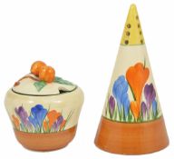 A Clarice Cliff conical sugar shaker together with jam pot with Crocus pattern. Sugar shaker