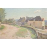 English School, Curved village path with cottages to side, a small oil on canvas, gilt frame 32 x