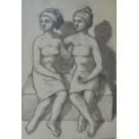 Christopher Stevens (20th century) British, Two Sisters, c. 1986, two women in towels, black crayon,