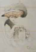 Maurice Milliere (1871-1946) French Two coloured engravings of ladies with dogs. Both signed in