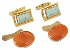A pair of large Continental 18ct gold mounted turquoise cufflinks of rectangular Art Deco design
