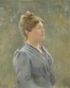 Late Victorian portrait of young woman in grey dress, oil on canvas, signed top right Harry Floyd