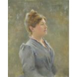 Late Victorian portrait of young woman in grey dress, oil on canvas, signed top right Harry Floyd