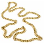 A heavy, long 18ct gold, continuous curb link chain of even size links, each link marked for 18ct.