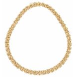 A contemporary Italian 14ct gold necklace of interlocking bar link design having integral push