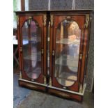 PAIR OF FRENCH STYLE MAHOGANY AND SATIN WOOD INLAID ORMOLU MOUNTED SINGLE DOOR GLAZED DISPLAY