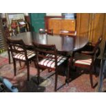 REPRODUCTION MAHOGANY EXTENDING DINING TABLE WITH ONE LEAF AND SIX (FOUR AND TWO) CHAIRS