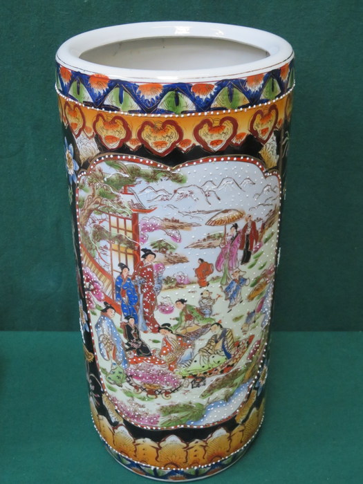 HANDPAINTED CERAMIC UMBRELLA STAND, DECORATED WITH ORIENTAL SCENES,