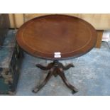 REPRODUCTION MAHOGANY INLAID SIDE TABLE ON QUADRAFOIL SUPPORTS