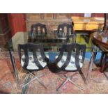 1970s STYLE CHROME COLOURED DINING TABLE WITH BLACK TINTED TOP,