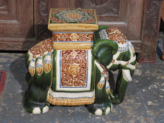 DECORATIVE GLAZED CERAMIC ELEPHANT STOOL,