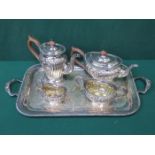 SILVER PLATED FOUR PIECE TEA SET ON TWO HANDLED TRAY