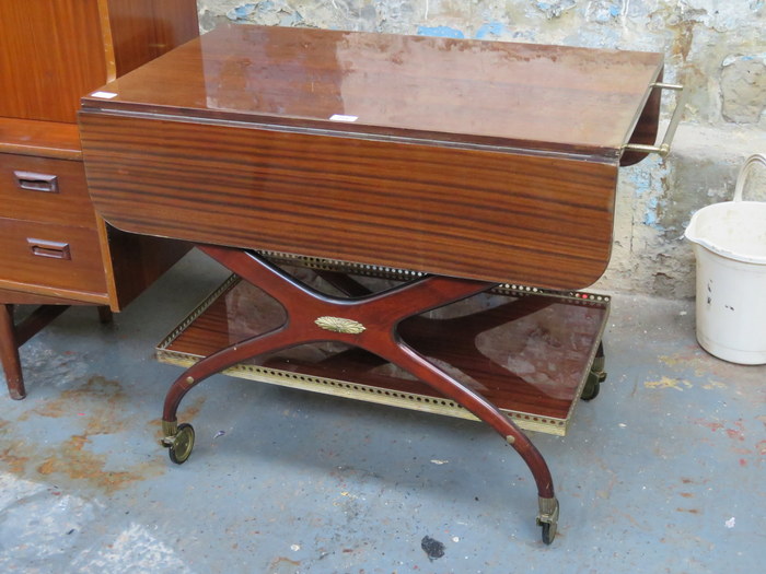 REPRODUCTION VENEERED FRENCH STYLE X FRAMED DROP LEAF TEA TROLLEY