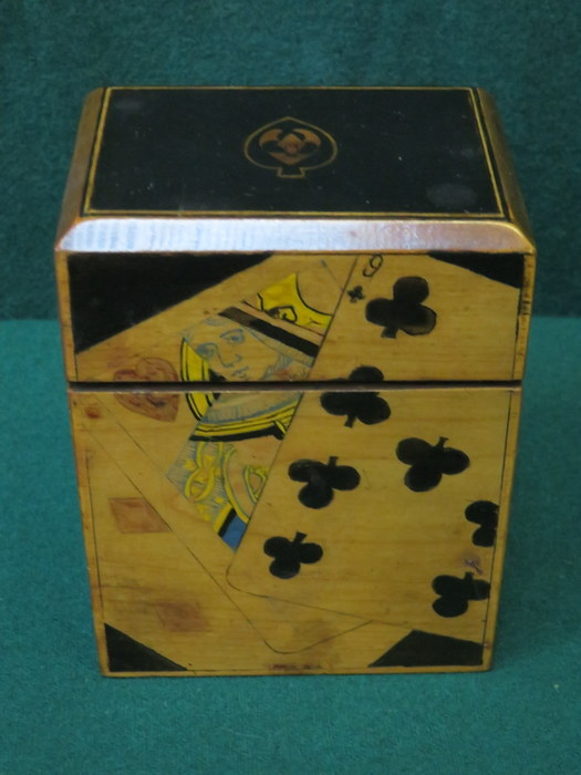 PRETTY INLAID TREEN CARD BOX WITH HINGED COVER