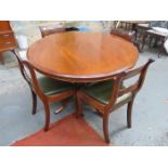 VICTORIAN STYLE MAHOGANY TILT TOP BREAKFAST TABLE ON QUADRAFOIL SUPPORTS AND FOUR DINING CHAIRS