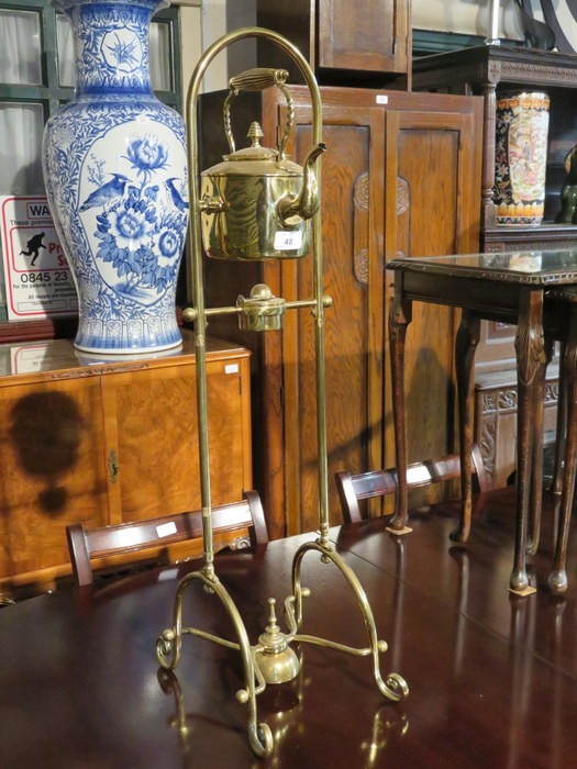 DECORATIVE BRASS ANTIQUE SPIRIT KETTLE ON STAND