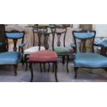 PAIR OF CARVED MAHOGANY PIERCEWORK FRAMED BLUE UPHOLSTERED SALON STYLE ARMCHAIRS AND THREE MATCHING