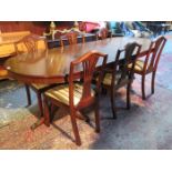 REPRODUCTION MAHOGANY DINING TABLE WITH ONE LEAF AND SIX CHAIRS,