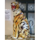 LARGE GLAZED SEATED CERAMIC TIGER, STAMPED MADE IN ITALY,