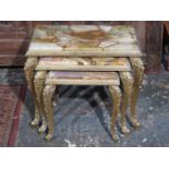 GILT METAL FRENCH STYLE NEST OF THREE TABLES WITH MARBLE EFFECT TOPS