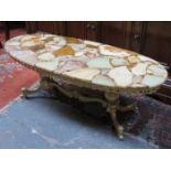 GILT METAL FRENCH STYLE PIERCEWORK OVAL COFFEE TABLE WITH MARBLE EFFECT TOP