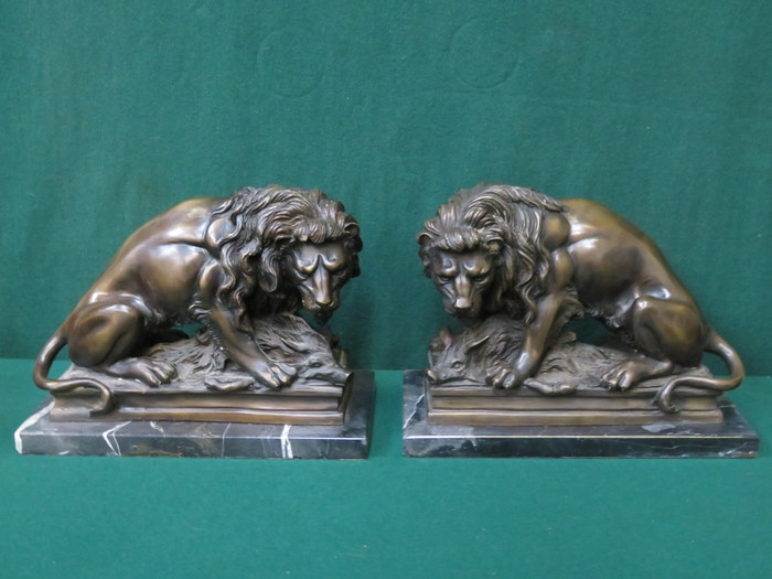 PAIR OF REPRODUCTION BRONZE EFFECT LIONS ON MARBLE SUPPORTS