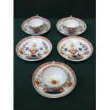 SET OF FIVE MEISSEN HANDPAINTED AND GILDED SAUCERS AND THREE FLORAL DECORATED MATCHING CUPS