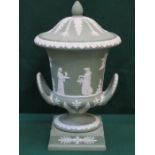 WEDGWOOD GREEN JASPERWARE TWO HANDLED URN WITH COVER,