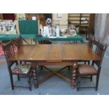 LARGE OAK DRAW LEAF DINING TABLE ON BARLEY TWIST SUPPORTS AND FOUR BARLEY TWIST OAK HIGH BACK