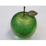 JOHN DITCHFIELD GLASFORM IRIDESCENT GLASS APPLE FORM PAPERWEIGHT WITH HALLMARKED SILVER STORK AND