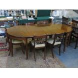 ANTIQUE MAHOGANY STRING INLAID EXTENDING DINING TABLE WITH TWO LEAVES AND SIX DINING CHAIRS