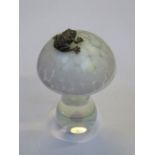 JOHN DITCHFIELD GLASFORM IRIDESCENT GLASS MUSHROOM FORM PAPERWEIGHT WITH SILVER COLOURED FROG TO