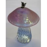 JOHN DITCHFIELD GLASFORM IRIDESCENT GLASS TOADSTOOL FORM PAPERWEIGHT WITH SILVER COLOURED FAIRY TO