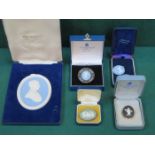 SMALL PARCEL OF BOXED WEDGWOOD JASPERWARE INCLUDING PLAQUE, BROOCHES, PENDANT, ETC.