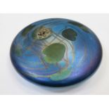 JOHN DITCHFIELD GLASFORM IRIDESCENT GLASS PAPERWEIGHT IN THE FORM OF A LILY PAD WITH A SILVER