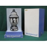 BOXED WEDGWOOD BLACK JASPERWARE URN WITH COVER,