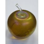 JOHN DITCHFIELD GLASFORM IRIDESCENT GLASS APPLE FORM PAPERWEIGHT, UNSIGNED WITH FOIL LABEL,