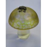 JOHN DITCHFIELD GLASFORM IRIDESCENT GLASS MUSHROOM FORM PAPERWEIGHT WITH SILVER COLOURED FROG TO