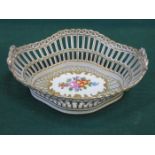 DRESDEN HANDPAINTED AND GILDED FLORAL DECORATED PIERCEWORK TWO HANDLED CERAMIC BASKET