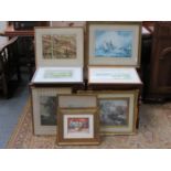 PARCEL OF VARIOUS PICTURES AND PRINTS INCLUDING CHILDREN GATHERING WHEAT, BOATS ON AN ESTUARY,