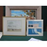 DAVID HOCKNEY, GILT FRAMED PRINT AND ANOTHER PRINT BY BEHREND.