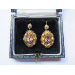 PAIR OF UNHALLMARKED VICTORIAN STYLE DROP EARRINGS SET WITH AMETHYST AND CLEAR STONES