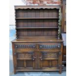 OAK PRIORY STYLE LINEN FOLD FRONTED KITCHEN DRESSER WITH PLATE RACK