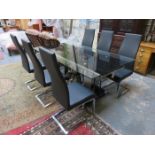 MODERN CHROME AND GLASS EXTENDING DINING TABLE WITH THREE LEAVES AND SIX HIGH BACK CHAIRS