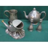 GERMAN PEWTER VICTORIAN SPOON WARMER AND FOUR OTHER PEWTER ITEMS