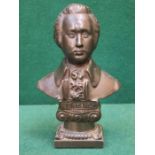 SMALL BRONZE EFFECT BUST OF MOZART, SIGNED TO BACK, APPROXIMATELY 12.